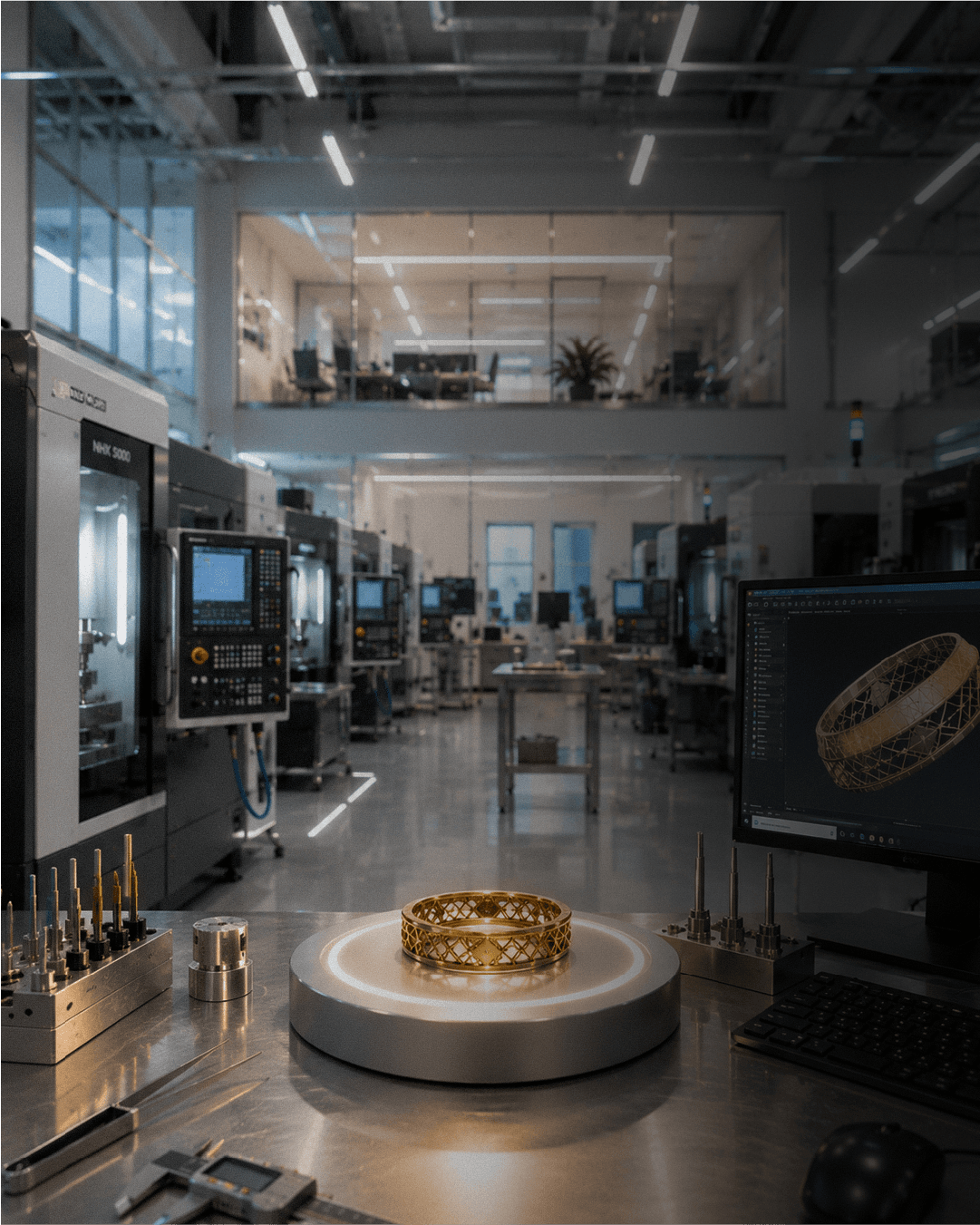 High-precision CNC machining on a gold piece at National Quality